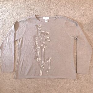 Vintage Casual Corner Lightweight Knit Sweater Size XL Tan Embroidered Neutral